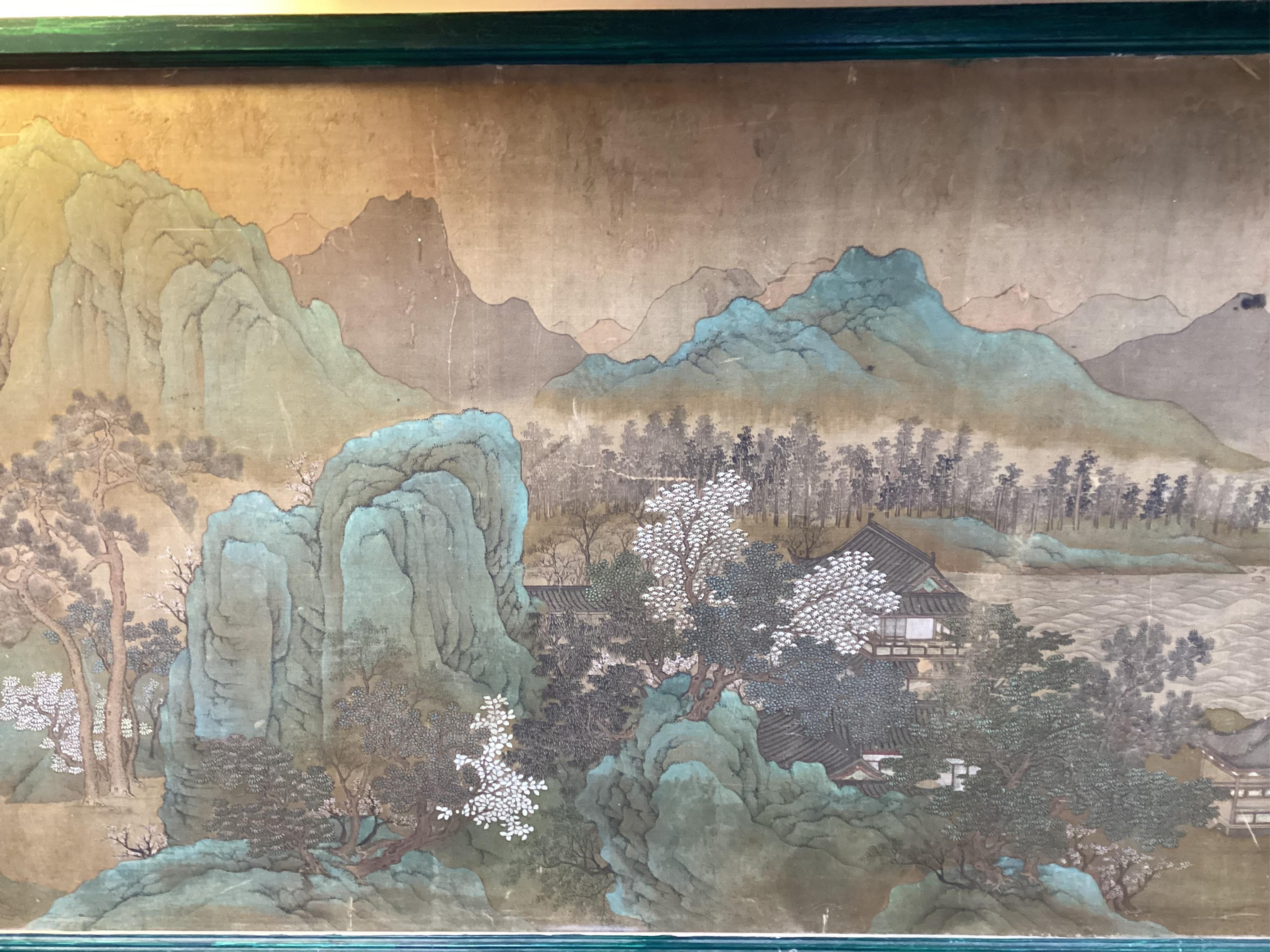 Chinese School , 17th century or earlier, Scholars in a mountainous river landscape scene with pavilions, Ink and colour on silk, incomplete clerical script signature, 54cm x 290cm